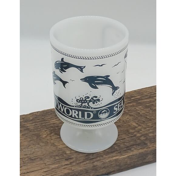 Vintage Milk Glass Sea World Footed Coffee Mug Cup Whale Dolphin Black USA - Picture 2 of 5